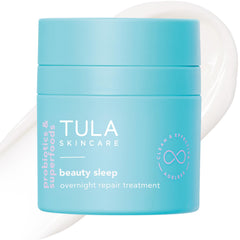 TULA Beauty Sleep Overnight Repair jar shows overnight rejuvenation for smoother skin