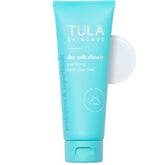 TULA Cult Classic Purifying Face Cleanser bottle close-up shows a gentle, hydrating cleanse.
