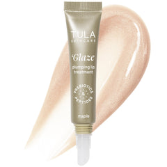 TULA glaze-plumping-lip-treatment-maple-tube shows hydrating glossy lip balm for a rosy pout.