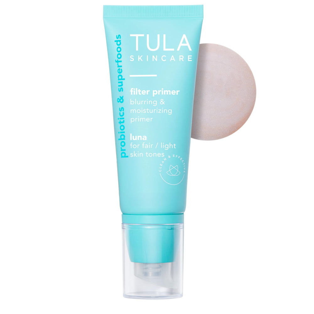 TULA Luna primer bottle close-up showing hydrating finish.