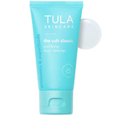 TULA purifying face cleanser travel-size bottle for on-the-go gentle cleansing and pore care.