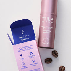 TULA Spresso pink eye balm packaging showing travel-friendly full-size design