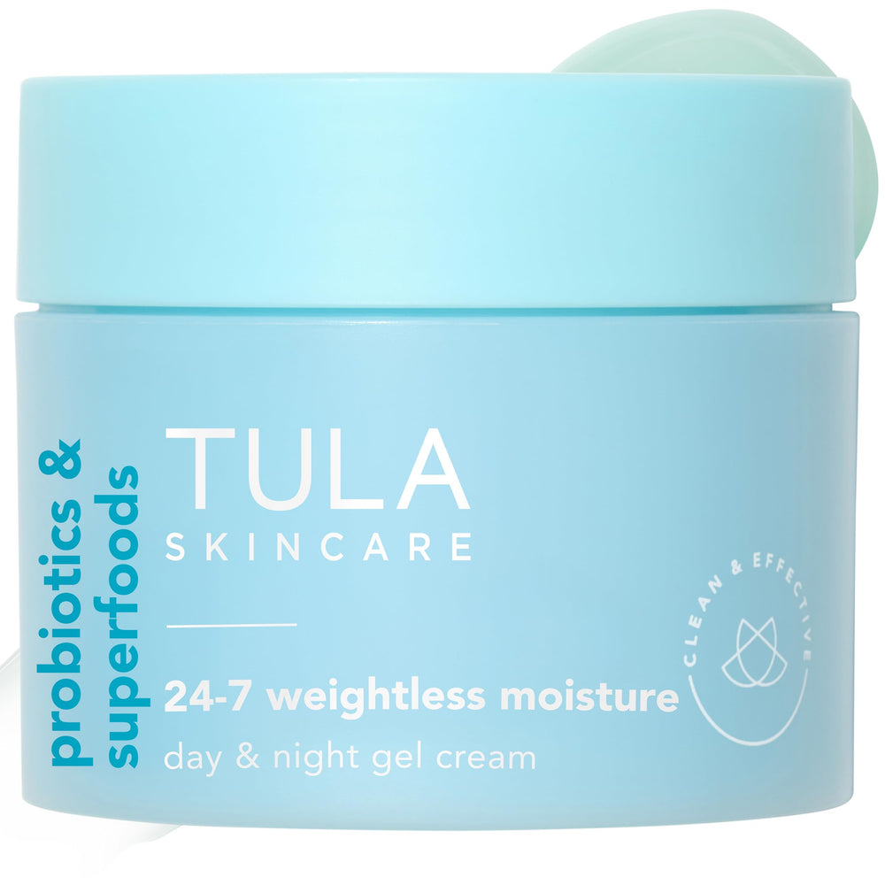TULA Weightless Moisture jar front shows supersize hydration for all-day plump skin.