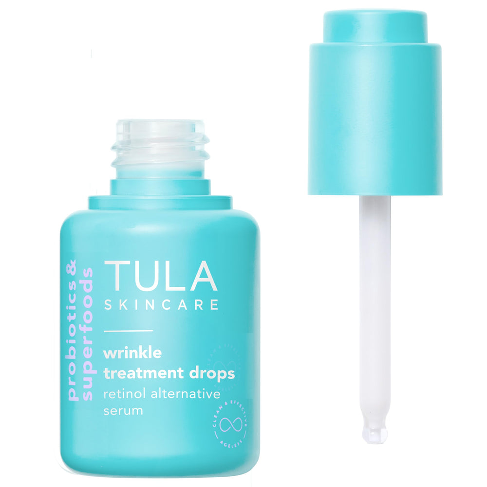 TULA Wrinkle Treatment Drops bottle shows botanical retinol alternative for smoother skin.