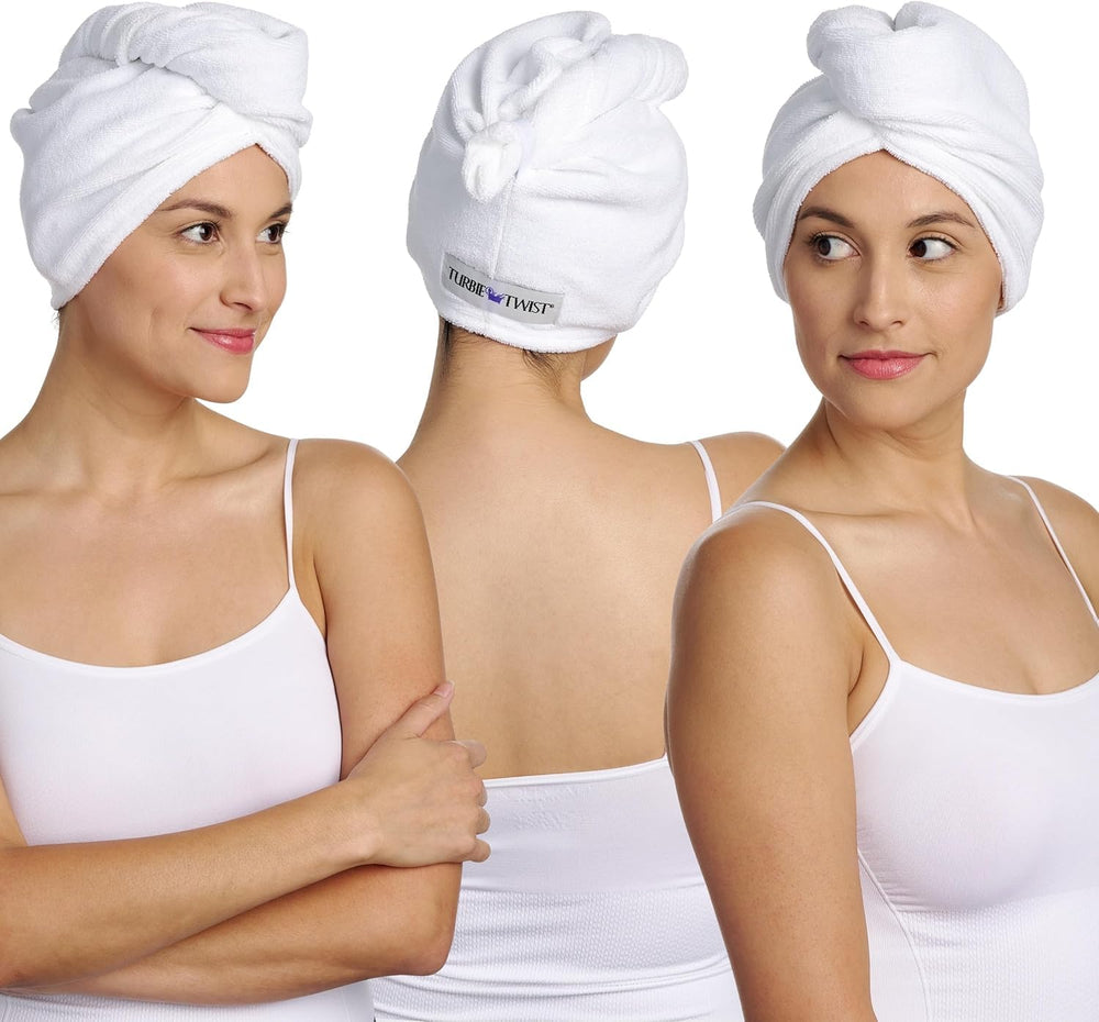 Turbie Twist 100% cotton hair towel focuses on quick travel drying.