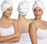 Turbie Twist 100% cotton hair towel focuses on quick travel drying.