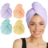 Turbie Twist four-pack microfiber hair towel Bermuda close-up for fast hair drying.