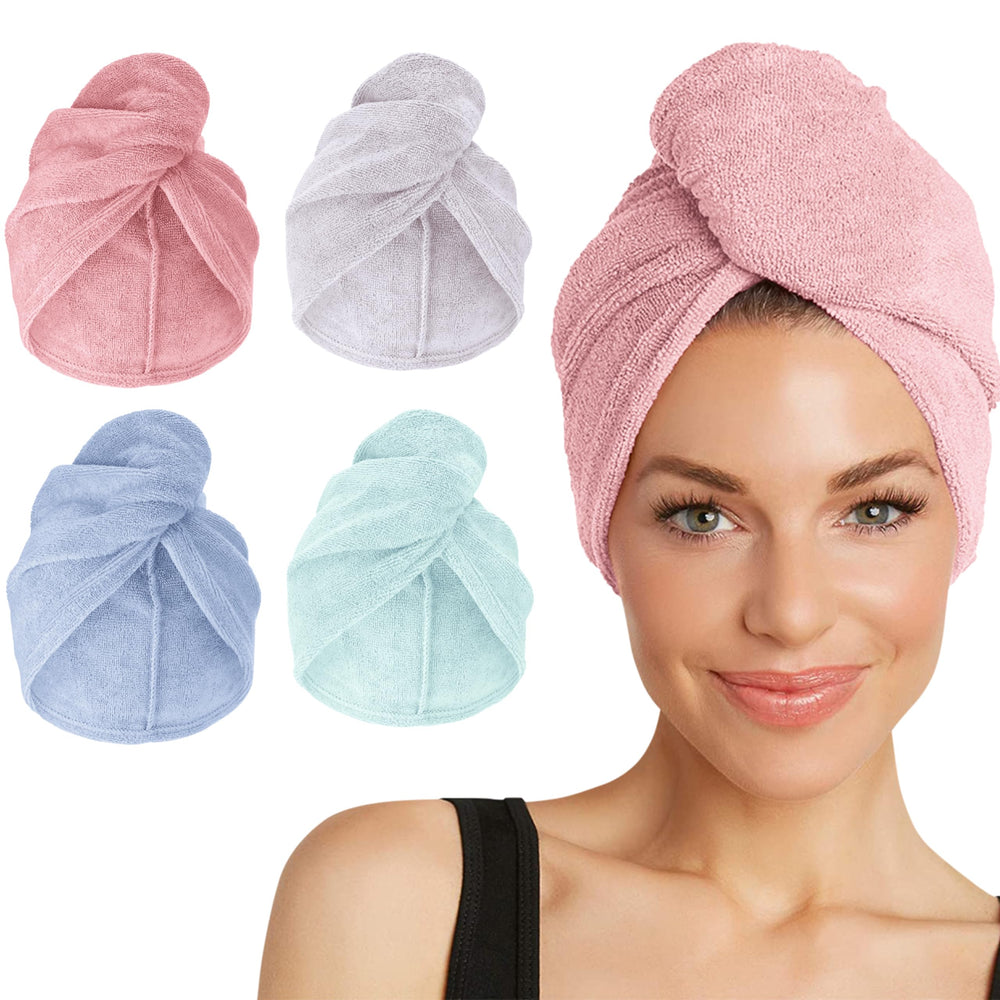 Turbie Twist four-pack pink towel close-up, premium microfiber for fast, gentle hair drying.