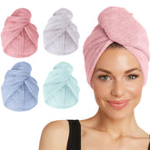 Turbie Twist four-pack pink towel close-up, premium microfiber for fast, gentle hair drying.