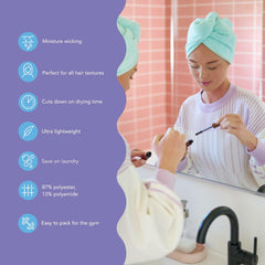 Turbie Twist four-pack microfiber hair towel Purple close-up showcases gentle frizz control.