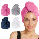 Turbie Twist pink hair towel wrap drying hair quickly for all hair types.