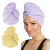 Turbie Twist lilac lemon hair towel folded, plush microfiber for quick drying