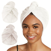 Turbie Twist two-pack microfiber hair towel on display, ideal for quick-dry and gifting.
