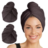 Turbie Twist two-pack microfiber hair towel wrap, ultra-absorbent for quick drying and gentle styling.