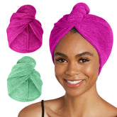 Turbie Twist microfiber towel 2-pack, plush and absorbent for faster drying.