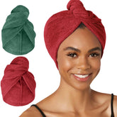 Turbie Twist 2-pack microfiber hair towel in green and red, quick-drying wrap.