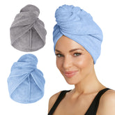 Turbie Twist 2-pack microfiber towel grey-blue pack speeds drying and is travel-ready.