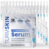 Turmskin Hyaluronic Serum Ampoules packaging shows 3% hydration boost for plump skin