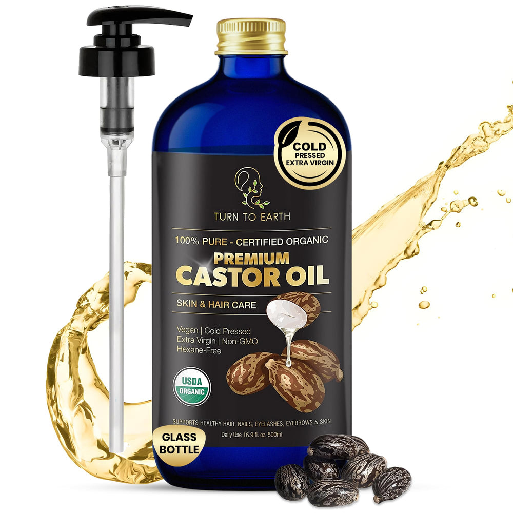 TURN TO EARTH Castor Oil bottle with pump supports hair and skin nourishment.