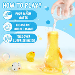 TUZT colorful fizz powders bath image shows vivid colors and bubbly fizz when water activates potions.