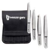 Tweezer Guru eyebrow tweezer set case closeup shows professional precision for grooming on the go