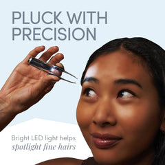 TWEEZER GURU Pro Illuminating Eyebrow Tweezers slanted tip close-up for fine hairs.