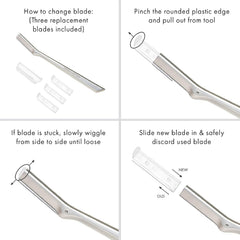 Durable stainless steel Tweezerman blades provide smooth facial hair removal.