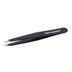 Tweezerman G.E.A.R. Slant Tweezer Midnight closeup highlights precise hand-filed tips for accurate hair removal.
