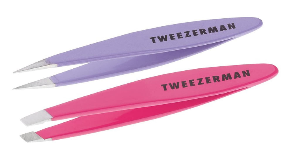 Tweezerman mini-slant-tweezer 25-degree-angle closeup for precise brow shaping.
