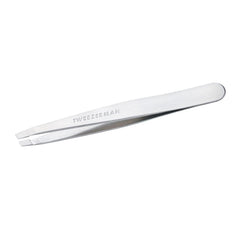 Tweezerman Platinum Slant Tweezer close-up showing precise tips for hair removal.