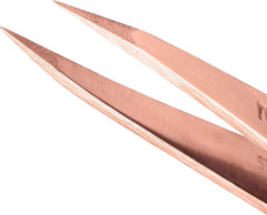 Tweezerman rose-gold precision tips close-up illustrate hair-grabbing accuracy.