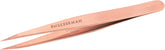 Tweezerman rose-gold stainless steel point tweezers close-up highlighting precise tips for fine hair removal.