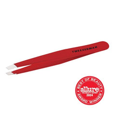 Tweezerman slant tweezer 25-degree angle closeup emphasizes hair removal accuracy.