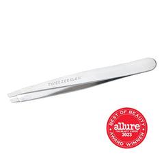 Tweezerman stainless-steel slant tweezer at a 25-degree angle for brow shaping.