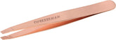Tweezerman rose-gold slant tweezer close-up showing precision for brow shaping.