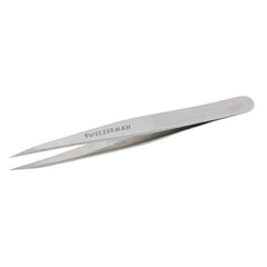 Tweezerman steel point tweezer silver closeup shows precise tips for fine hair removal