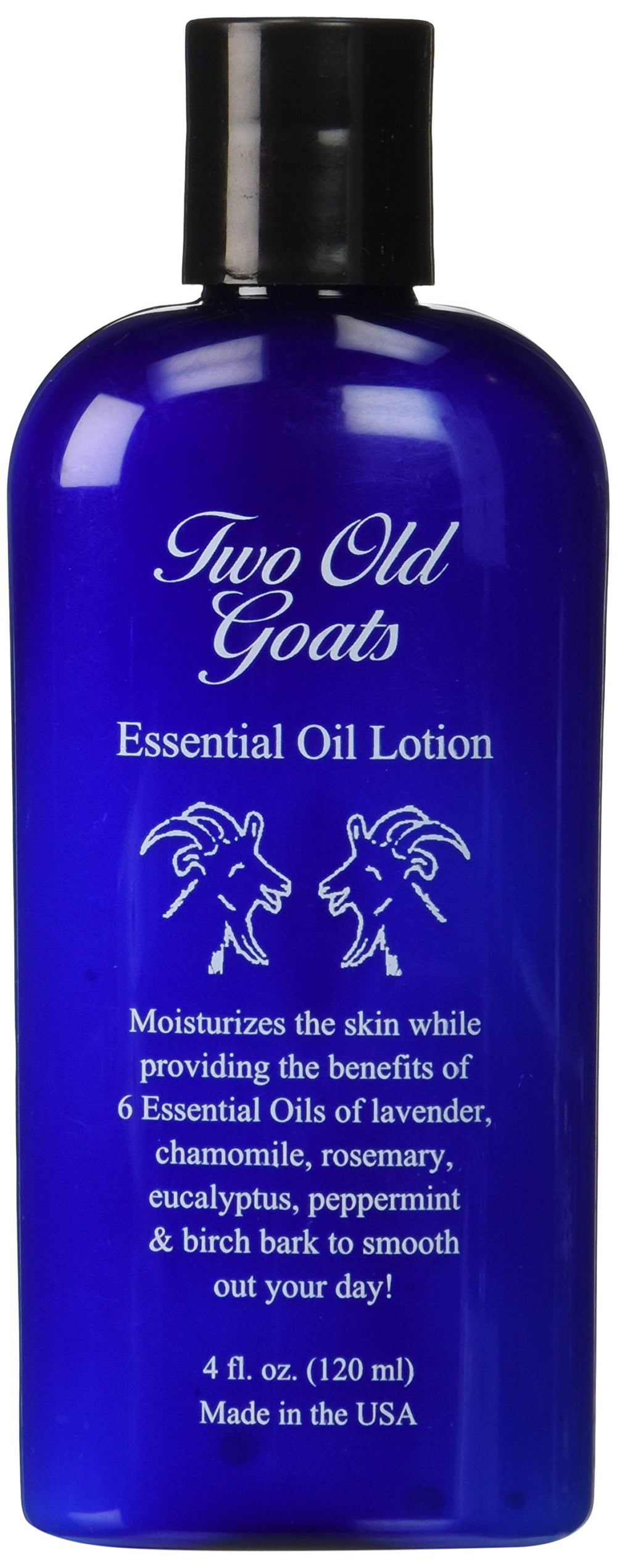 Two Old Goats Lotion bottle showing the six essential oils blend for skin moisture and aroma