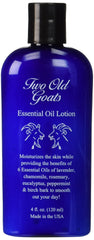Two Old Goats Lotion bottle showing the six essential oils blend for skin moisture and aroma