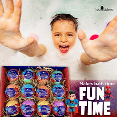 Two Sisters bath bombs display color bursts and fizz for a playful bath.