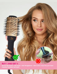 TWOBARCKER hair dryer brush showing three heat settings for versatile styling.