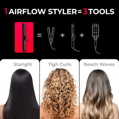 TYMO Airflow 2.0 2-in-1 styler demonstrates curling and straightening versatility.