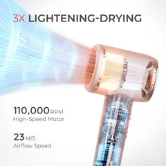 TYMO AIRHYPE Compact motor highlights turbo speed for fast drying and reduced arm fatigue.