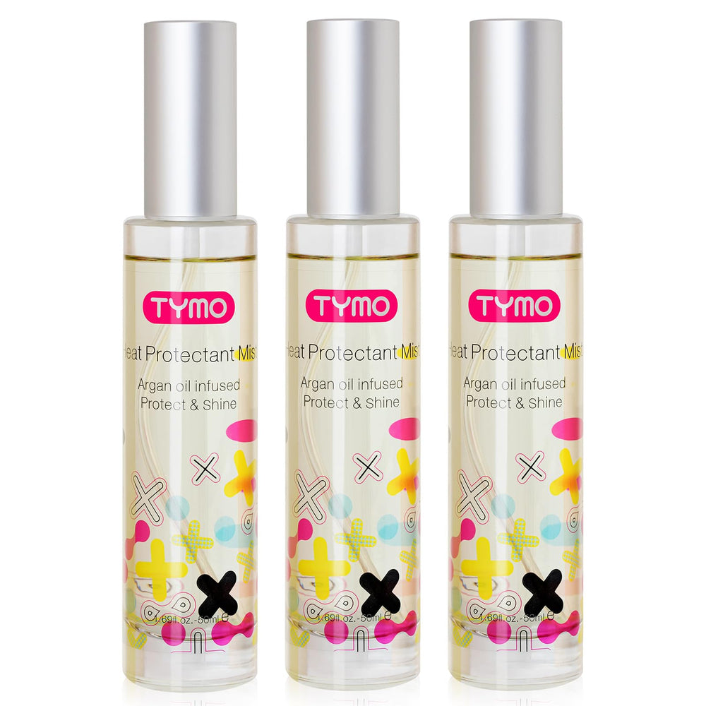 TYMO heat protectant bottle in use, guarding hair against heat up to 450°F.
