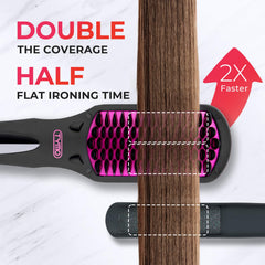 TYMO Ionic Hair Straightener Brush purple-teeth-closeup shows heat focus on hair.