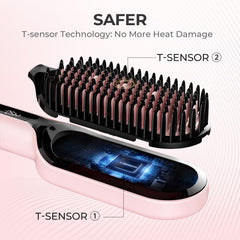 TYMO straightening brush showcasing heat-precision and 16 settings for tailored styling.
