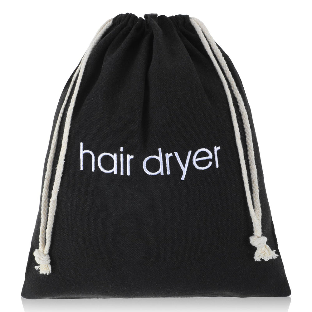 Tyqour hair dryer bag in black with drawstring closure for secure travel storage