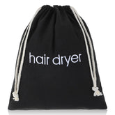 Tyqour hair dryer bag in black with drawstring closure for secure travel storage