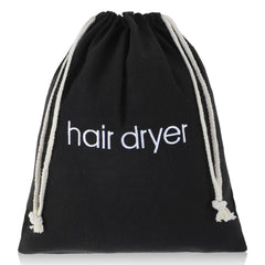 Tyqour hair dryer bag in black with drawstring closure for secure travel storage