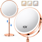 UBYMET 10x large lighted makeup mirror front view, rose gold, for precise makeup checks.