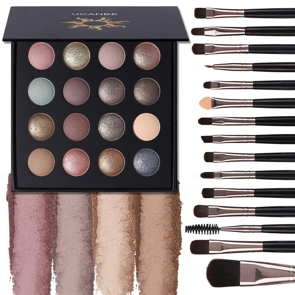 UCANBE baked eyeshadow palette open shows 16 versatile shades for day-to-night looks